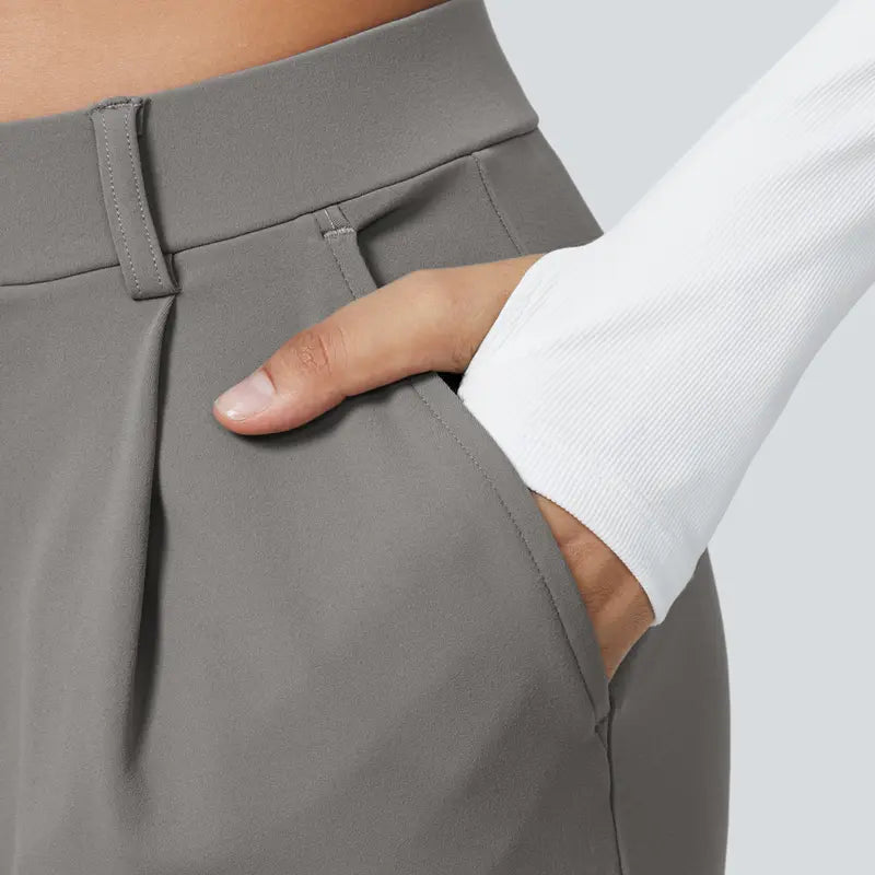 Flex High Waisted Plicated Side Pocket Straight Leg Work Pants