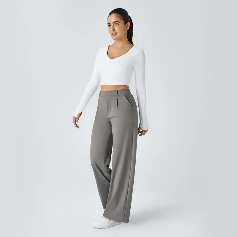 Flex High Waisted Plicated Side Pocket Straight Leg Work Pants